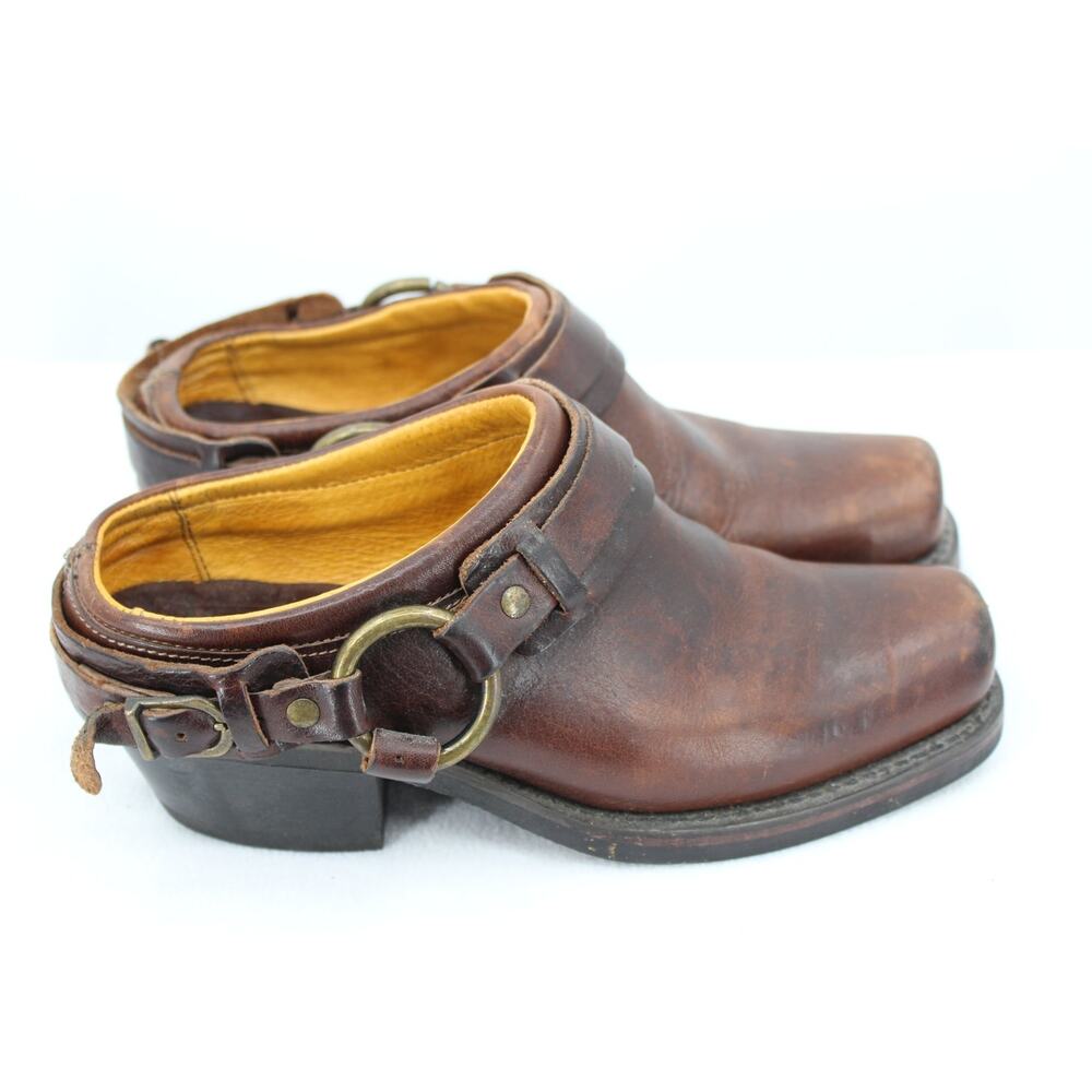 Frye Belted Harness Mule Clogs Booties Brown Motorcycle Cowgirl Size 6.5M